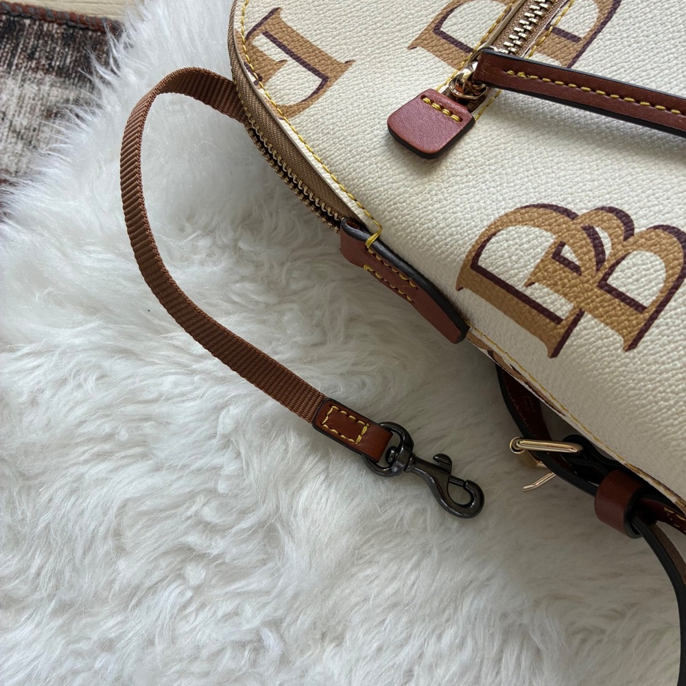 Dooney & Bourke Monogram Cream Tan Leather Trim Gold hardware Backpack Bag - Picture 13 of 16